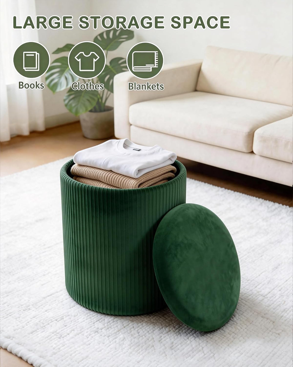 LITZFUR Round Ottoman with Storage, Velvet Foot Rest Stool, Green