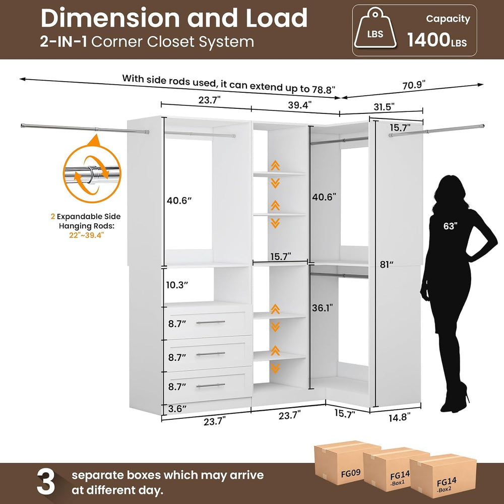 Fastgo Closet System with 3 Drawers, Corner Closet System with 5 Hanging Rods...