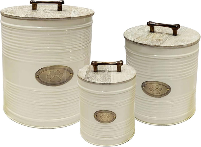 nu steel metal Ribbed Ivory 3 Pc set Jumbo Pet Canister with Golden PAW Plaque, Dog Food Treat Storage Container Jar with wooden Lid with sturdy bone handle, Tight Fitting Lids for Dog Biscuit Cookies