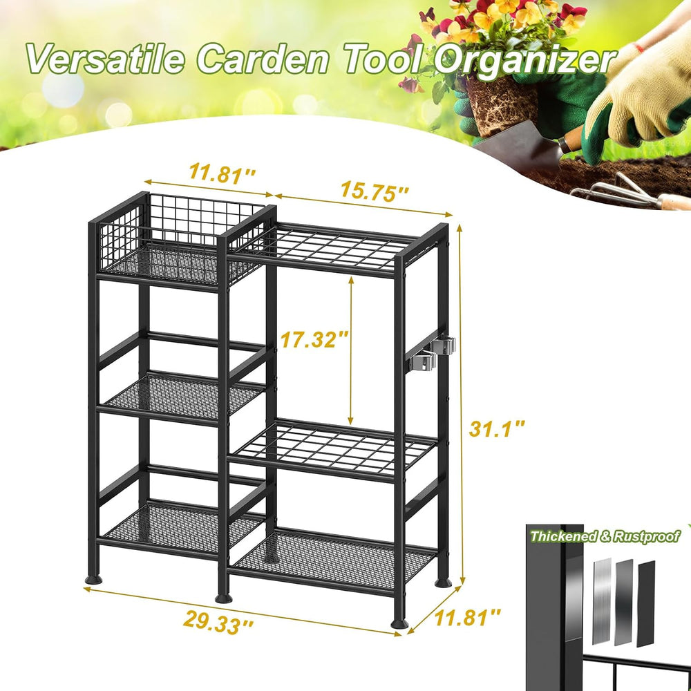 Garden Tool Organizer with Basket, 3-Tier Yard Storage Rack for Garage