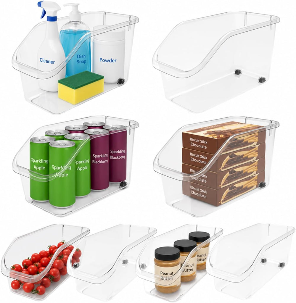 8 Pack Plastic Storage Bins with Wheels, Clear Pantry Organizer Bins
