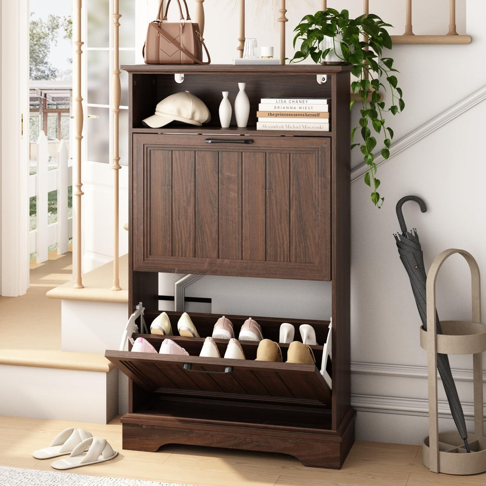 24" W Hidden Shoe Storage Cabinet with 2 Flip Drawers & Open Storage