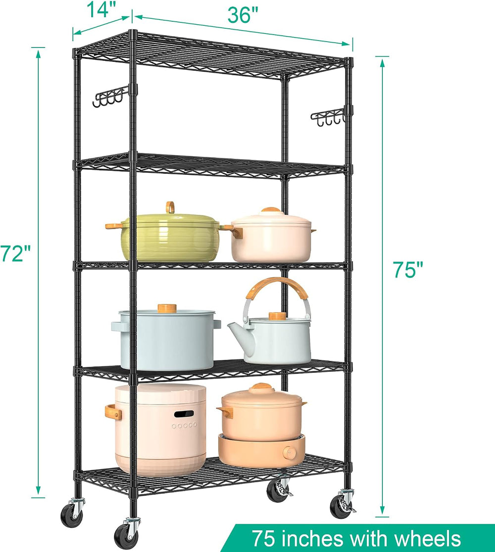 Folews 5-Tier Rolling Storage Shelf with Wheels, Metal Wire Shelving Unit
