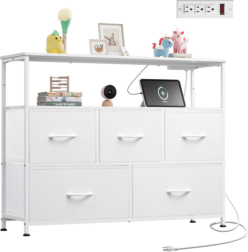 WLIVE White Dresser for Bedroom with 5 Drawers，Fabric Dresser with Charging S...