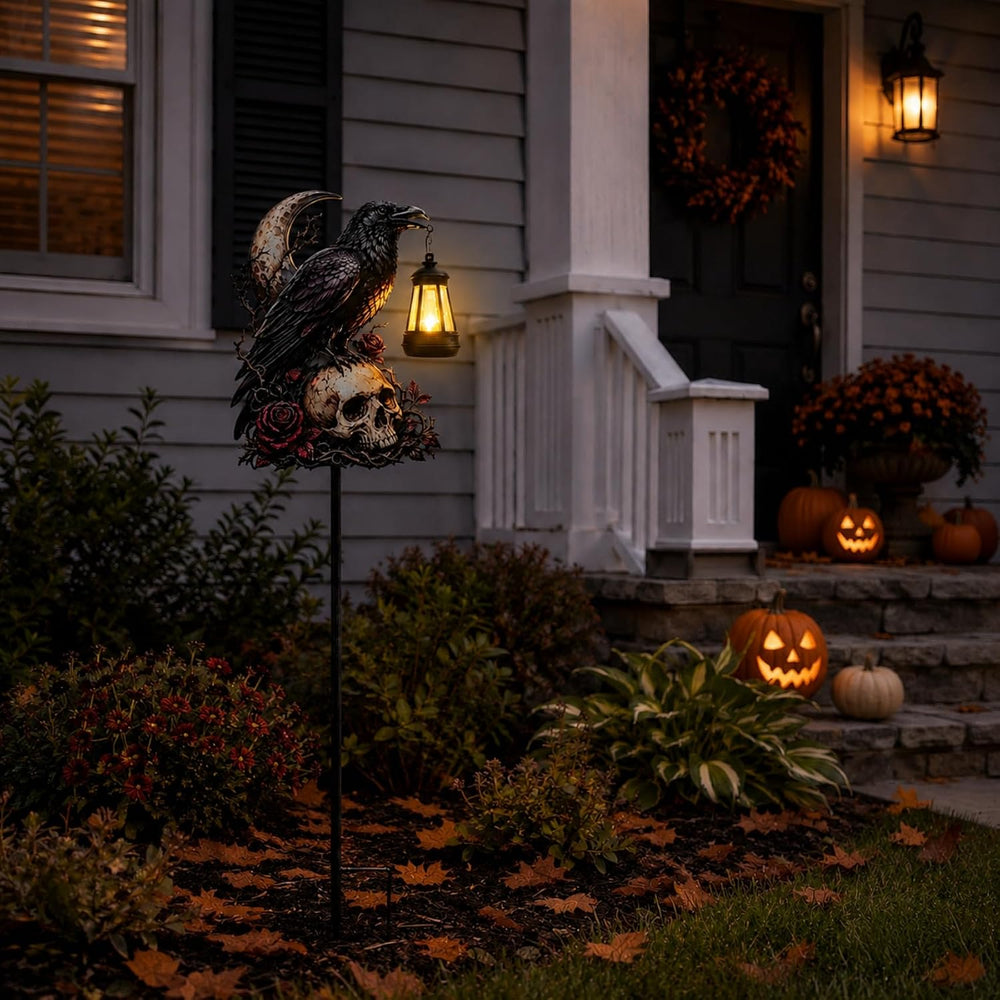 Halloween Garden Decorations Outdoor, Crow Skull Solar Garden Stake with Lant...