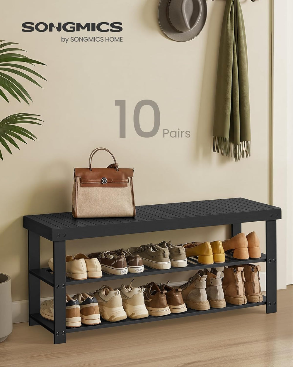 SONGMICS Shoe Rack Bench, 3-Tier Bamboo Entryway Bench, 42.9 Inches Width