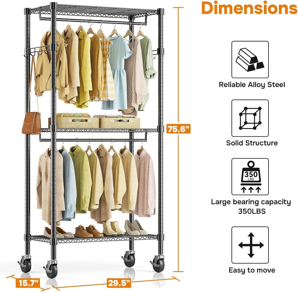 Simple Deluxe Rolling Clothes Rack, Heavy Duty Clothing Rack, 3-Shelf Portabl...