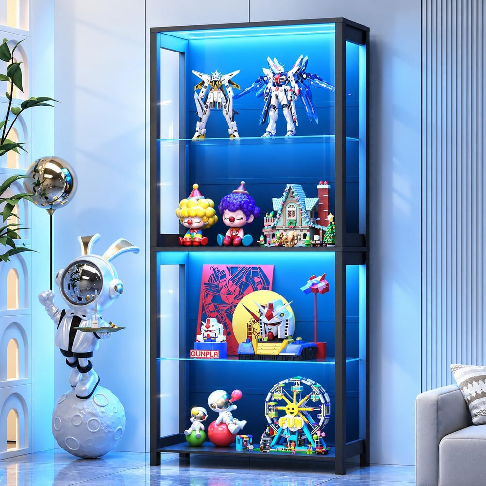 Display Cabinet with Glass Shelves, 4-Tier Display Shelf, Black
