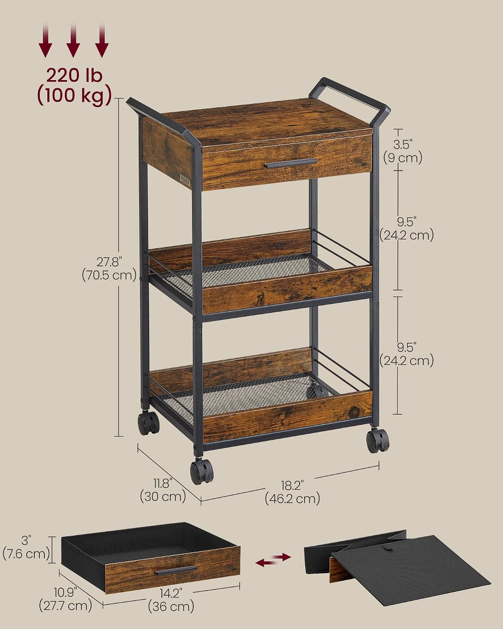 VASAGLE Storage Cart, 3-Tier Rolling Utility Cart with Table Top