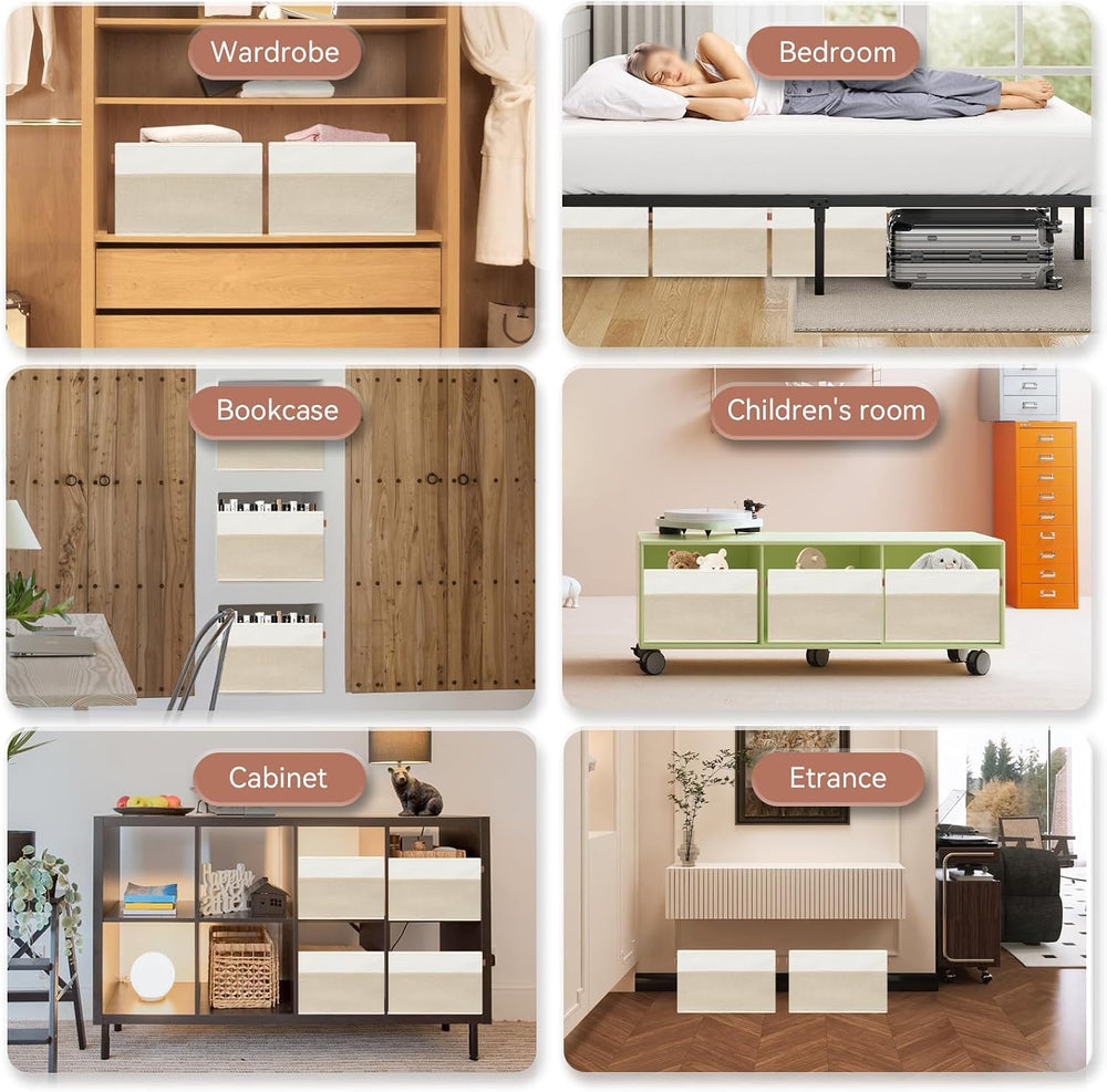 SNWDN 6 Pack Collapsible Fabric Storage Baskets with Handles (White/Beige 15&...