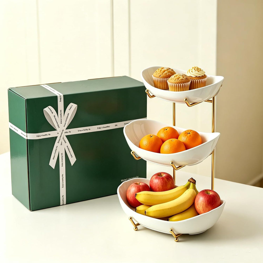 3-Tier Ceramic Fruit Bowl, Metal Stand with Anti-Slip Silicone