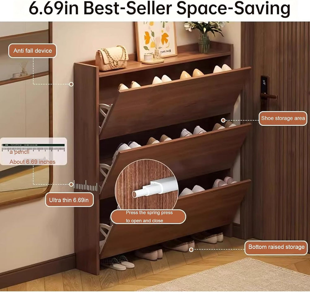 Entryway Shoe Cabinet, 6.7" Slim Wooden Shoe Organizer Cabinet