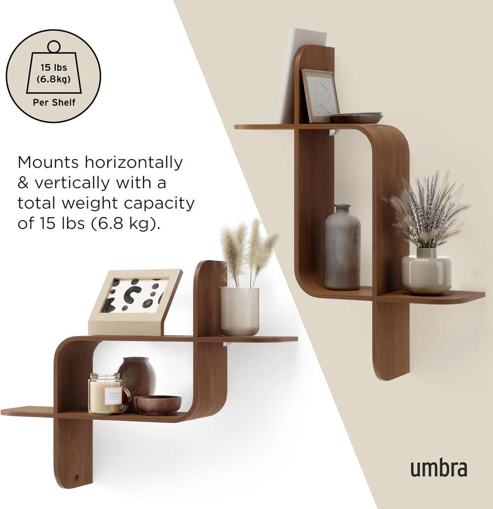 Umbra Montage Floating Wall Shelf, Wood Wall Mount Display Case, Walnut