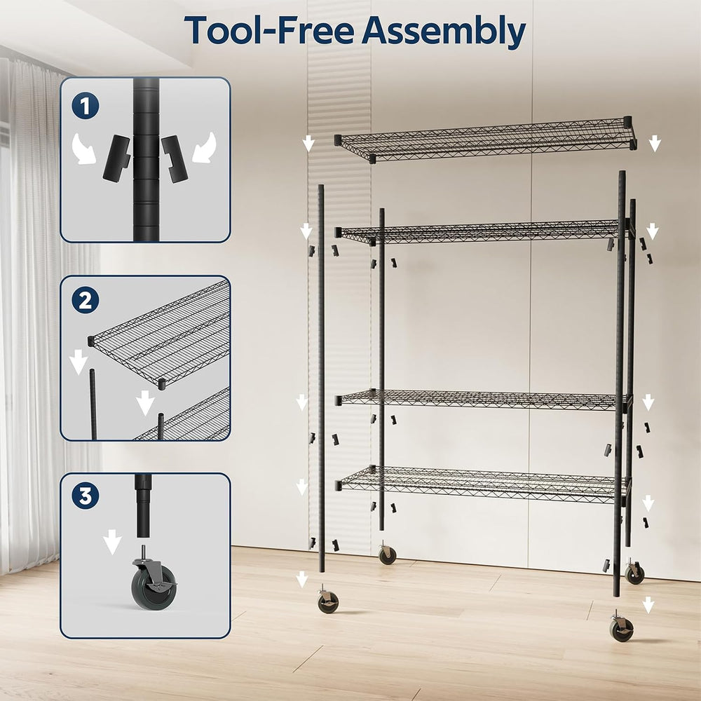Whitmor 4 Tier Storage Shelves with Wheels, Heavy Duty Metal Shelving Unit, 6...