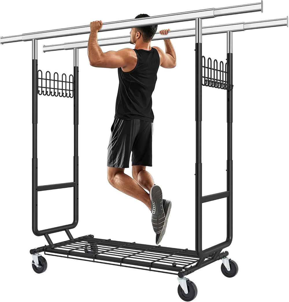 Gewudraw Clothes Rack Heavy Duty Load 900 Lbs with Wheels, Double Rod,Black