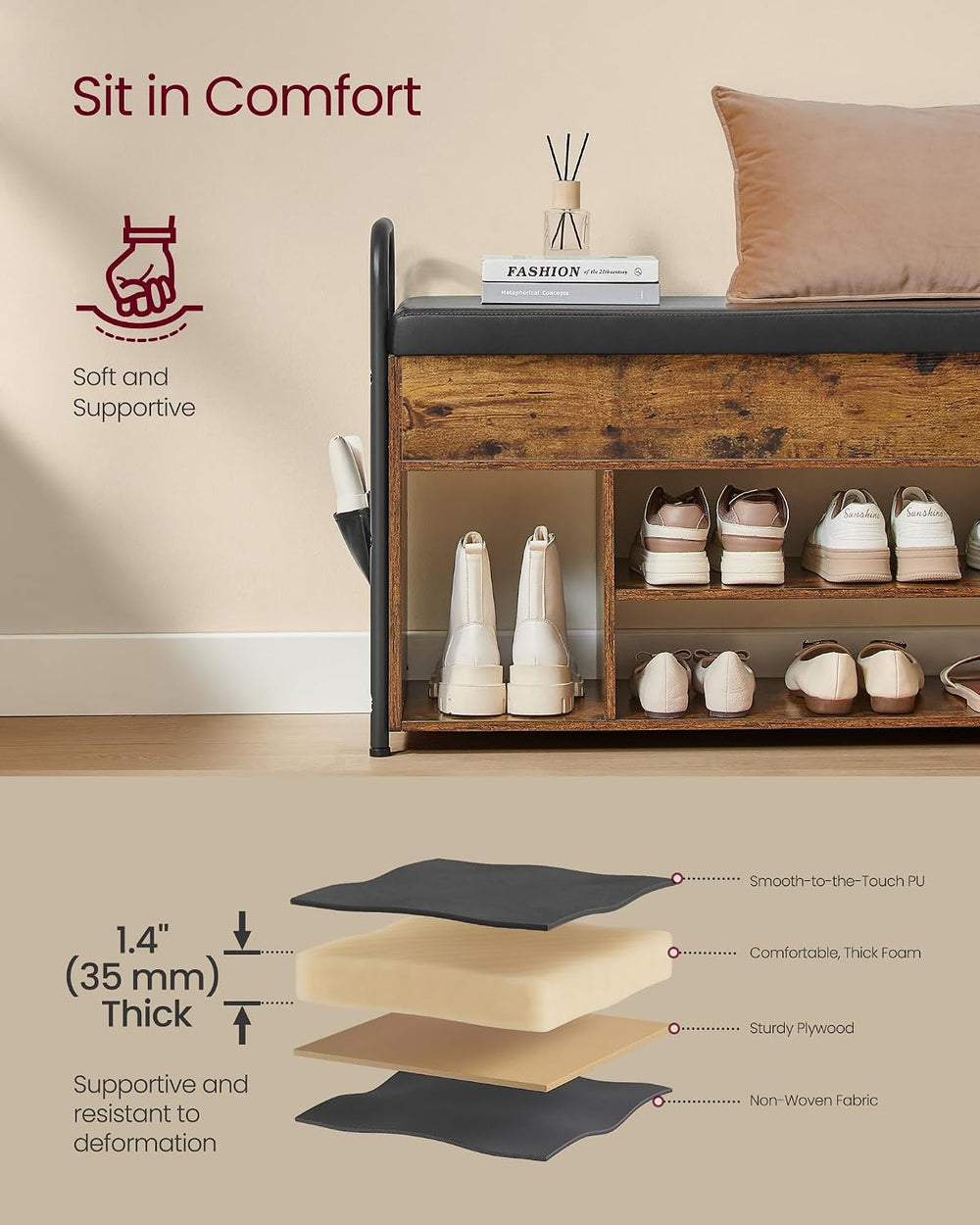 VASAGLE Shoe Bench, Shoe Rack, Inner Storage Under the Lid