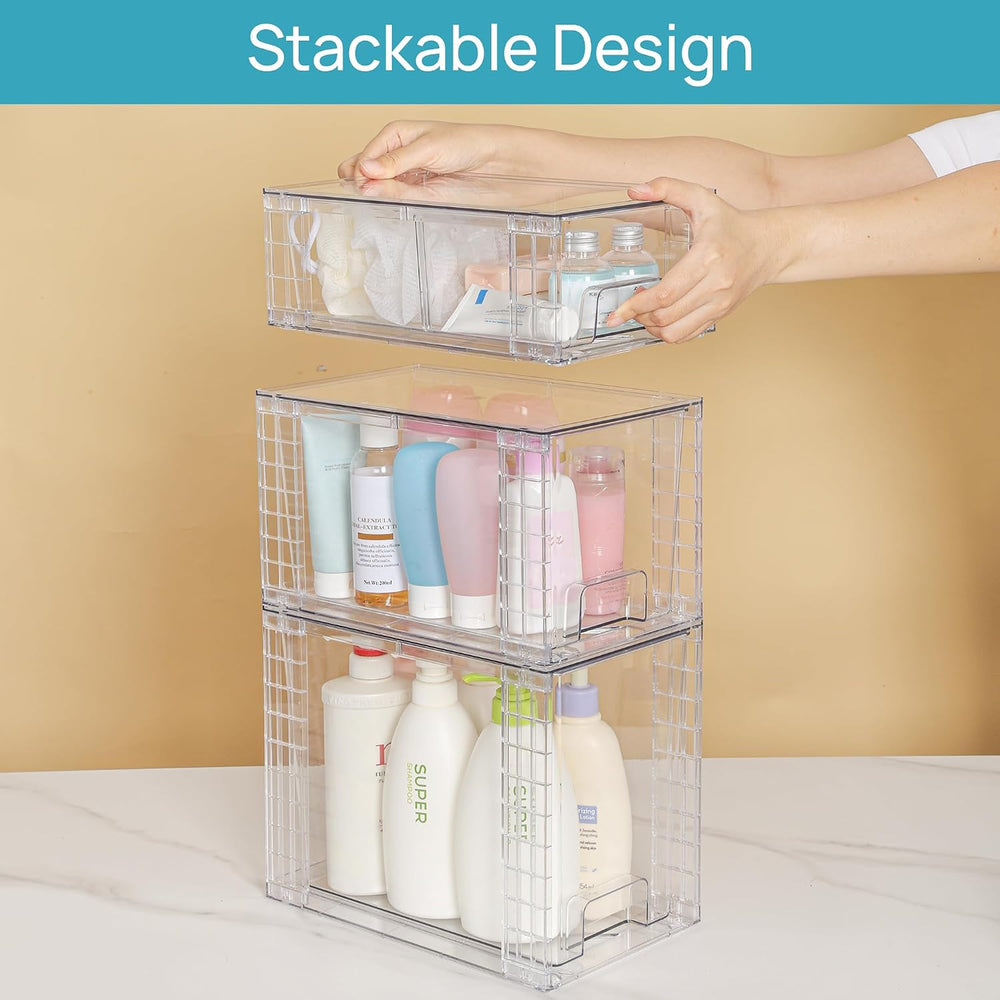 Vtopmart 3 Pack Clear Stackable Storage Drawers,Easy to Assemble Bathroom Org...