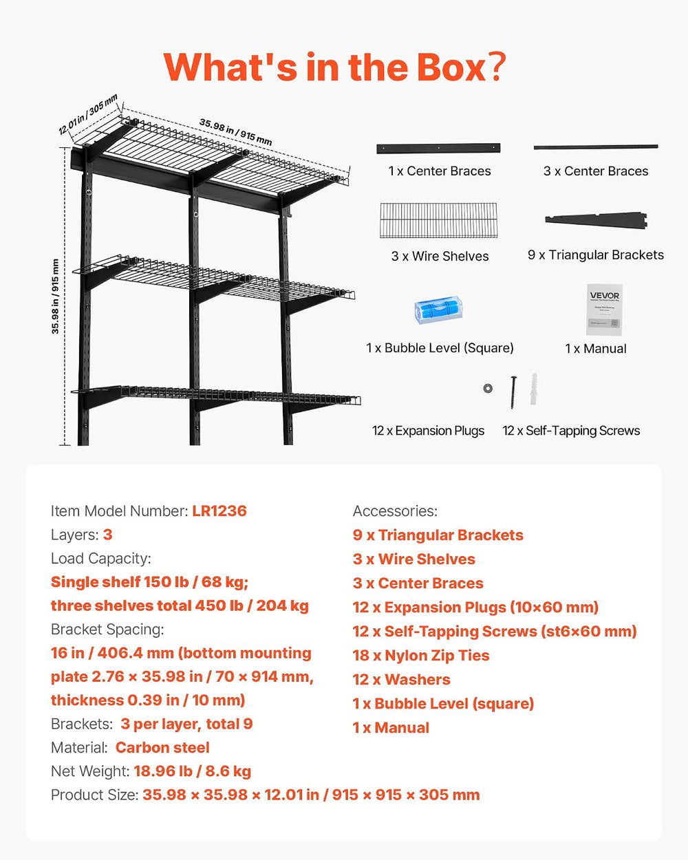 VEVOR 3-Tier Heavy Duty Wall Garage Shelving, 0.9 x 3 ft Steel Wall Mounted S...