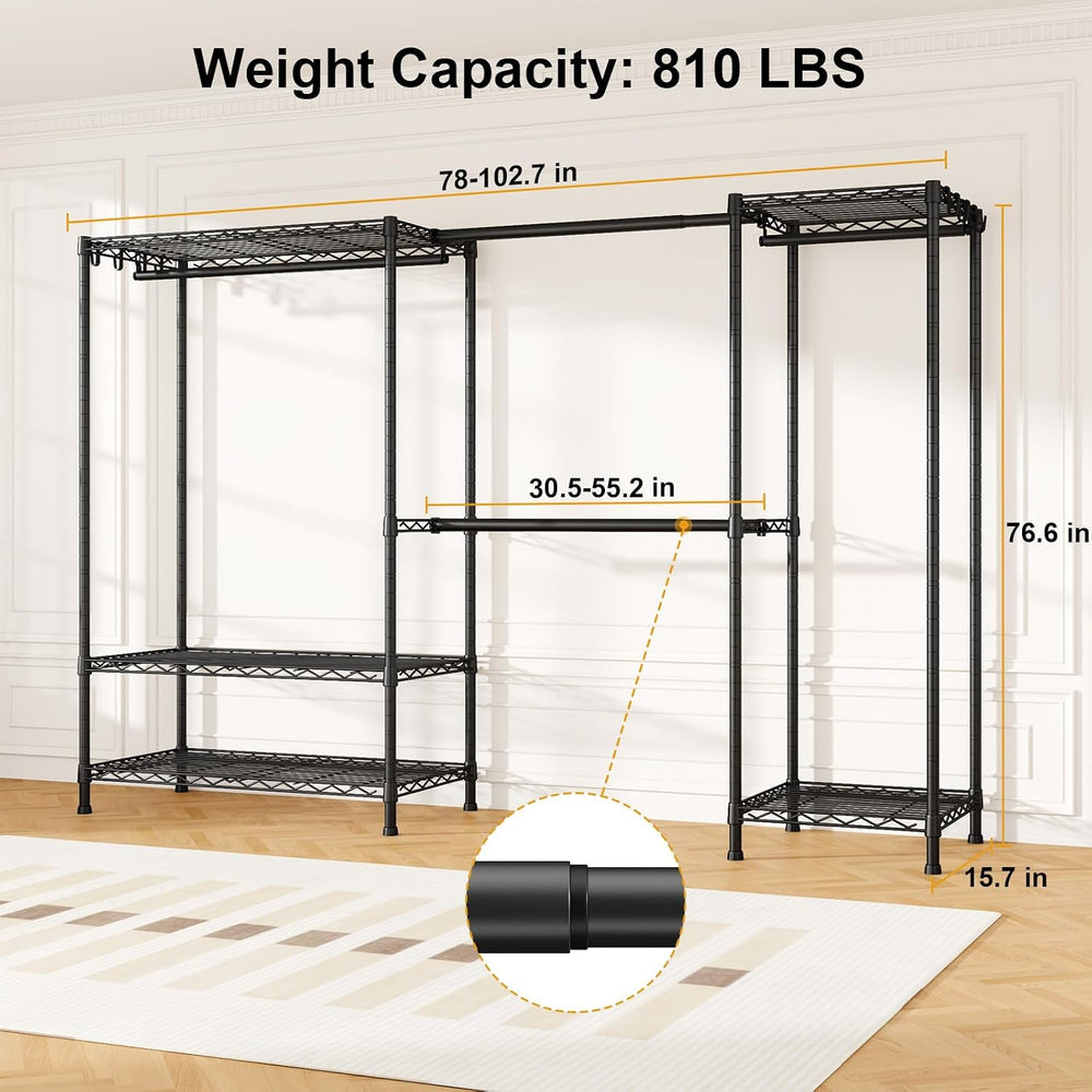 ULIFHOME E17 Heavy-Duty Clothes Rack with 2 Expandable Hanging Rods, Black