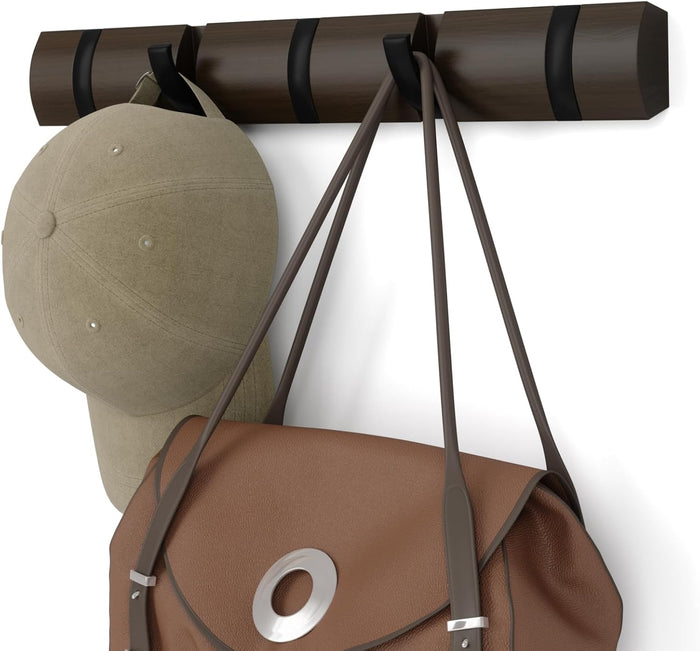 Umbra Flip Coat Rack, Wall Mounted 5-Hook Space Saving, Walnut/Black