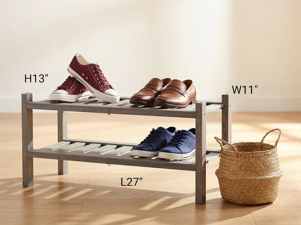 2-Tier Acacia Wood Stackable Shoe Rack - Brush Grey