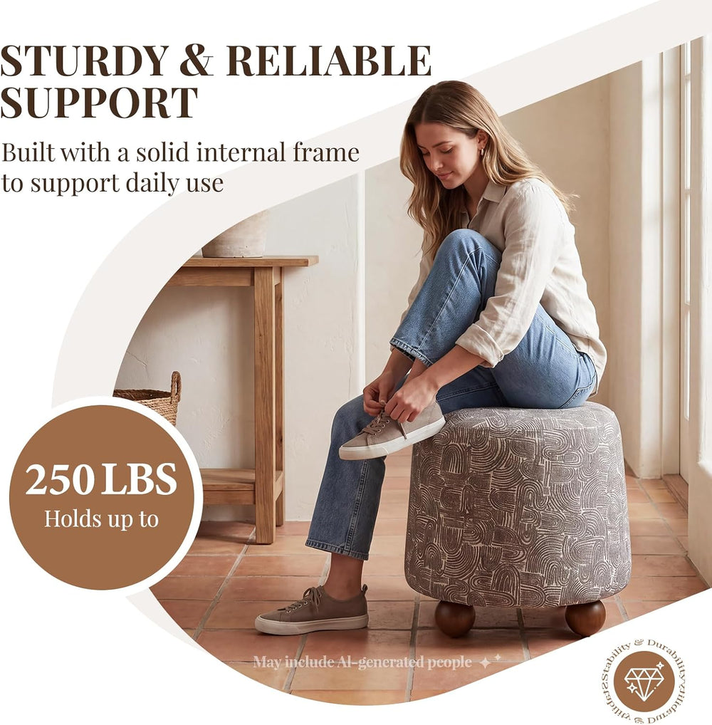 Hyfirm Round Ottoman for Living Room Boho Foot Stool with Rubberwood Legs