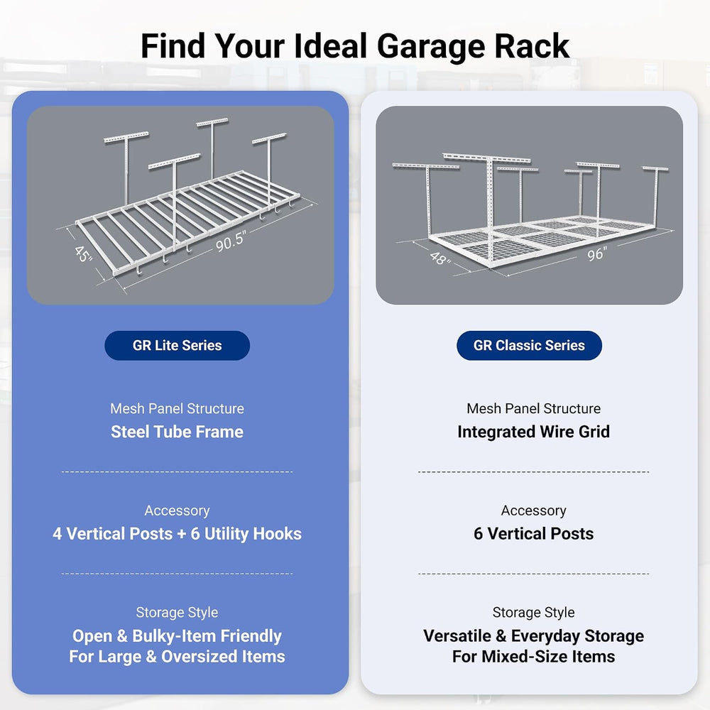 FLEXIMOUNTS 4x8 Overhead Garage Ceiling Storage Rack with 6 Hooks, White