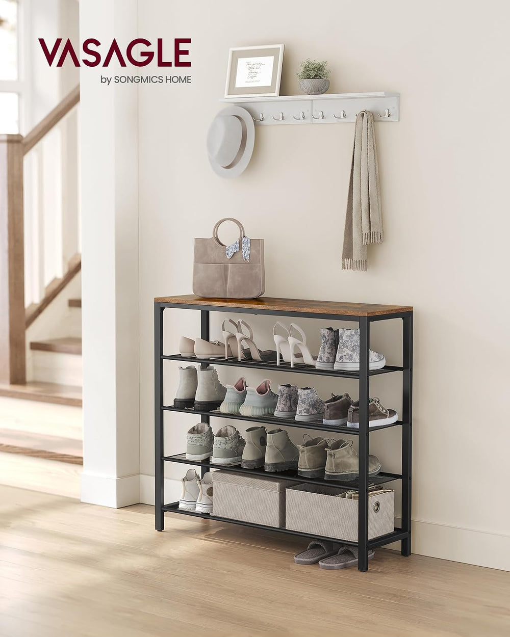 VASAGLE 5-Tier Shoe Rack, 16-20 Pairs, Metal Mesh