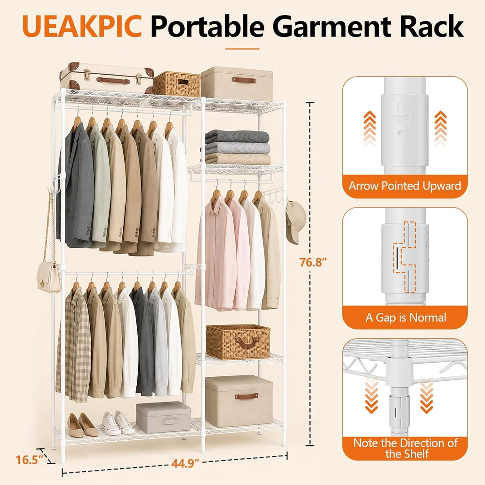 Clothes Rack with Adjustable Wire Shelves & Hanging Rods, White