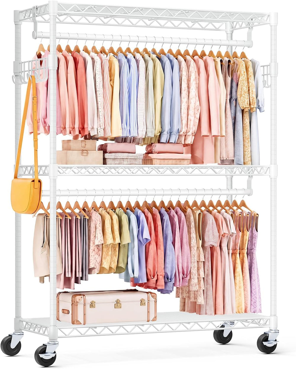 OLIXIS Rolling Clothes Rack, Heavy Duty Garment Rack, 47 IN, Metal White