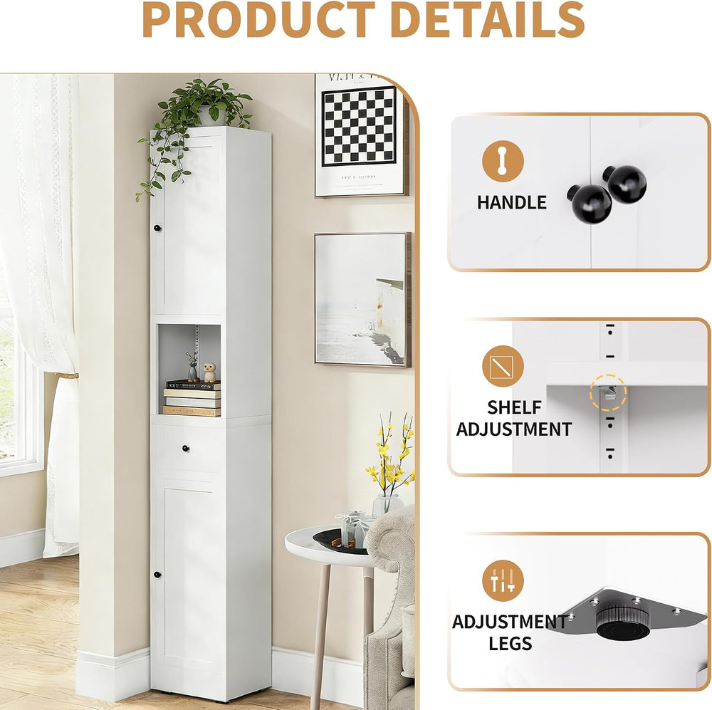 71" Tall Bathroom Storage Cabinet, Slim Corner Cabinet with 2 Doors, White