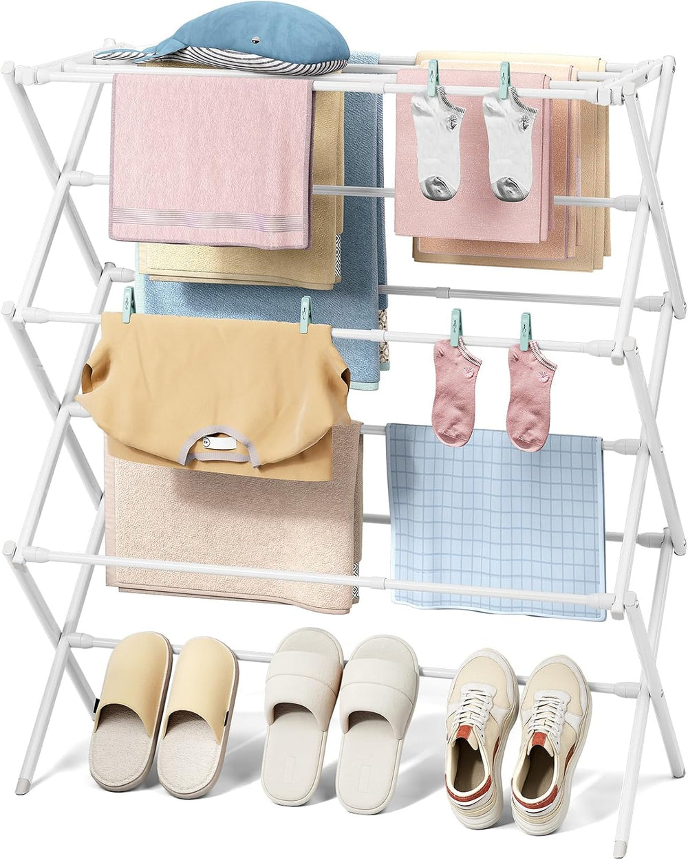 KINGBOARD Clothes Drying Rack, 3-Tier Foldable Extendable, White