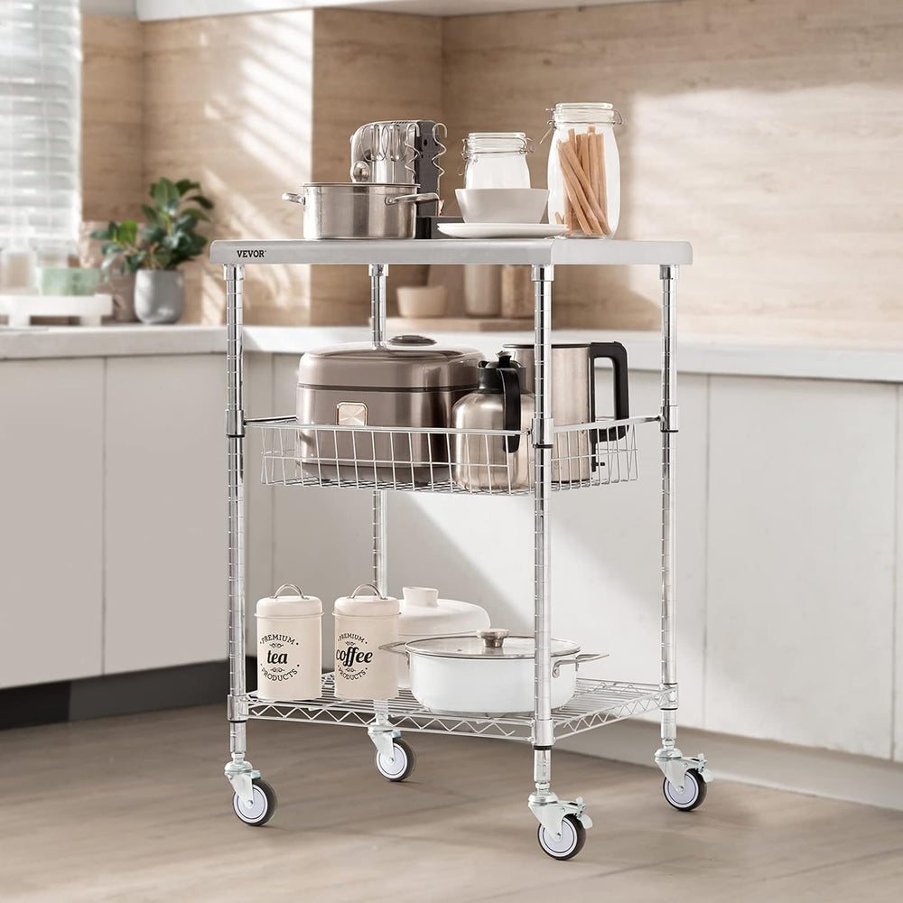 VEVOR Kitchen Utility Cart, 36.6"x20"x24" 3 Tiers Wire Rolling...