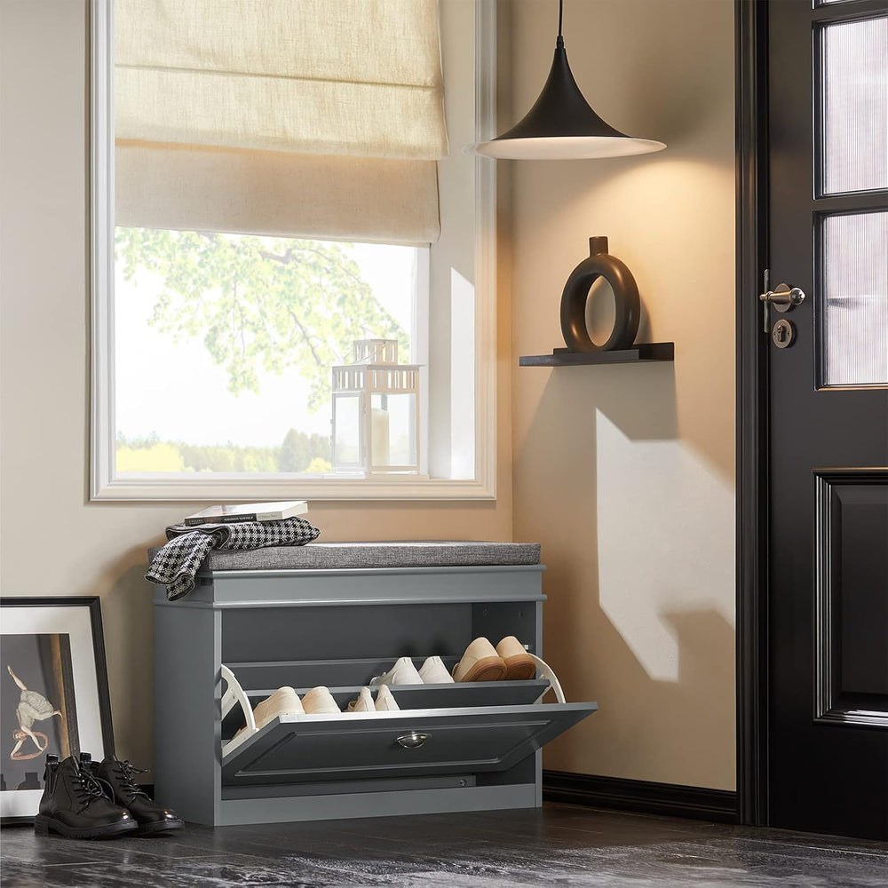 Haotian Shoe Storage Bench with Cushion, Grey Narrow Shoe Rack for Entryway, ...