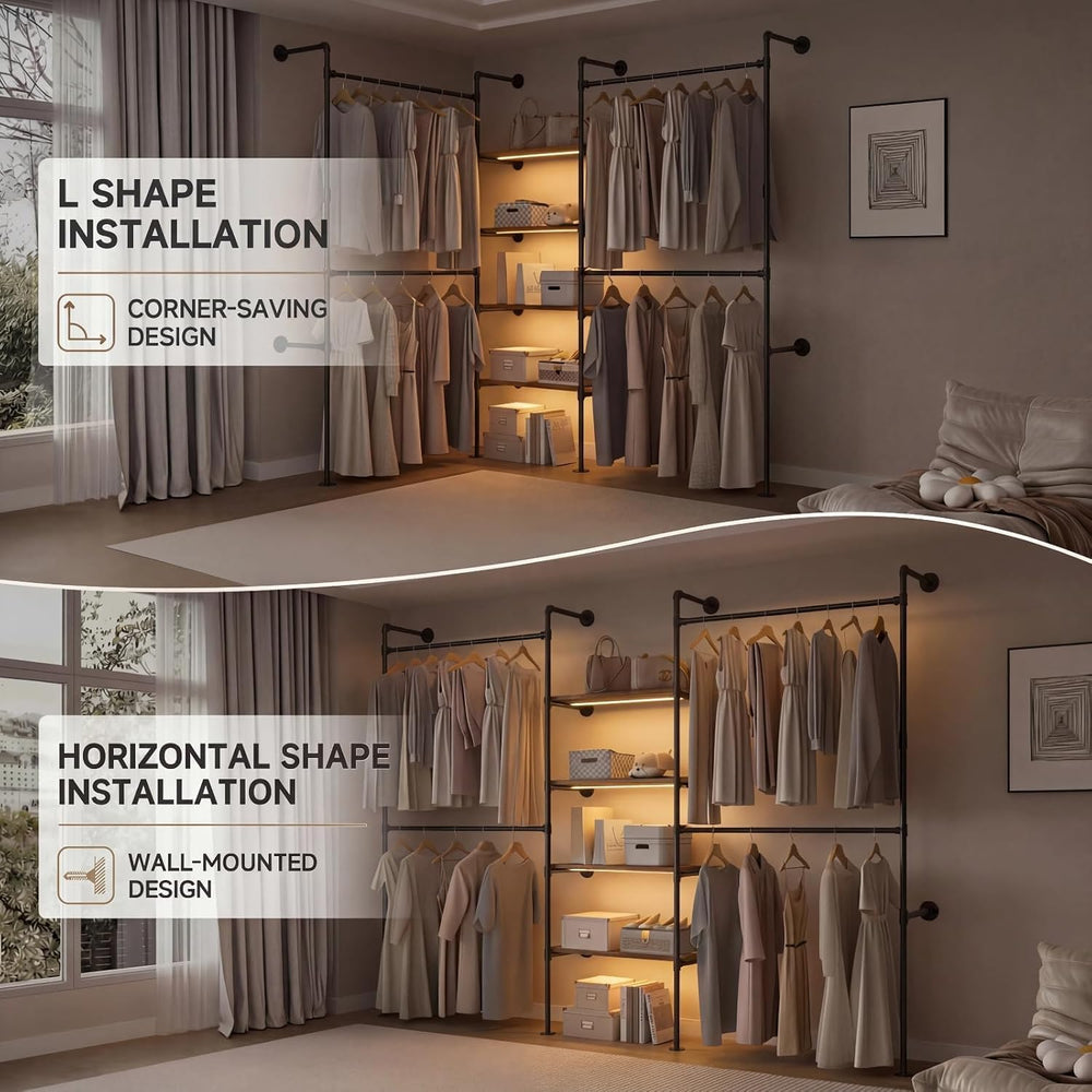 Expandable Industrial Pipe Clothing Rack with LED & Shelves