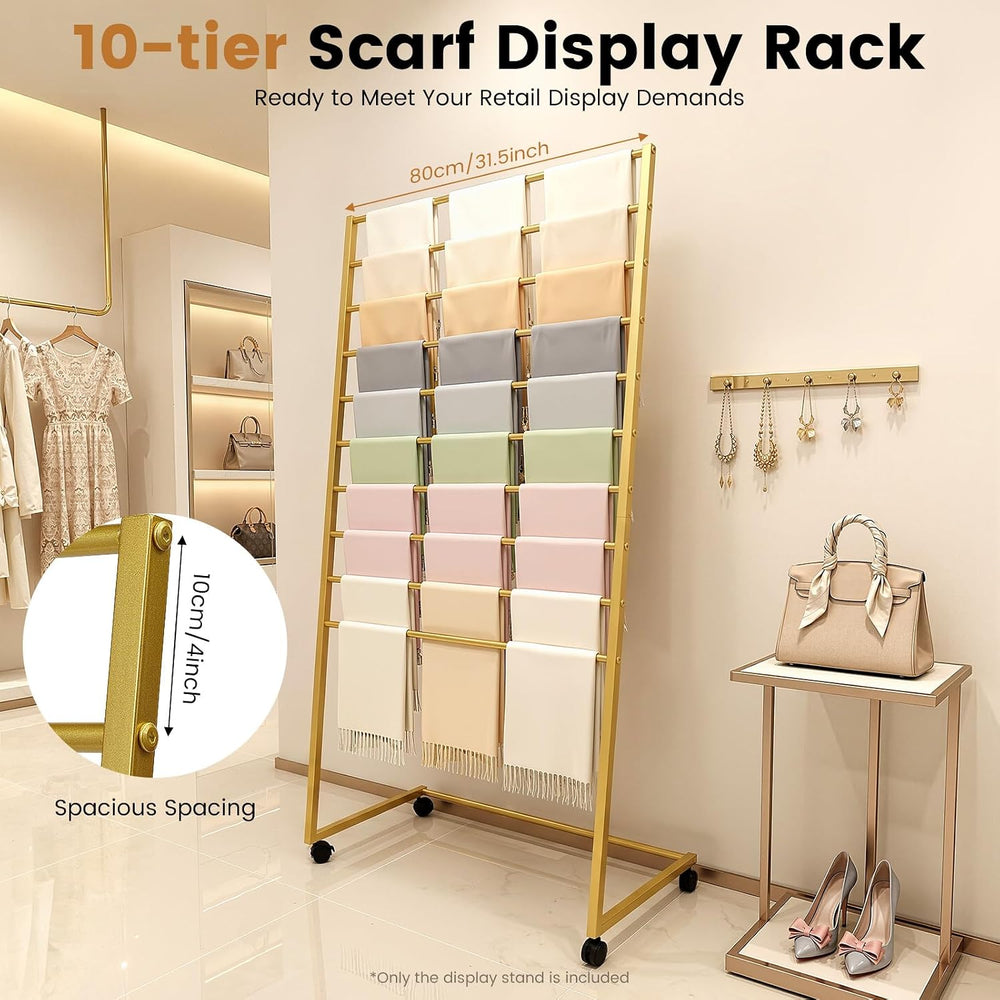 Scarf Organizer Stand, 10-Tier Freestanding Scarf Display Rack with Wheels, M...