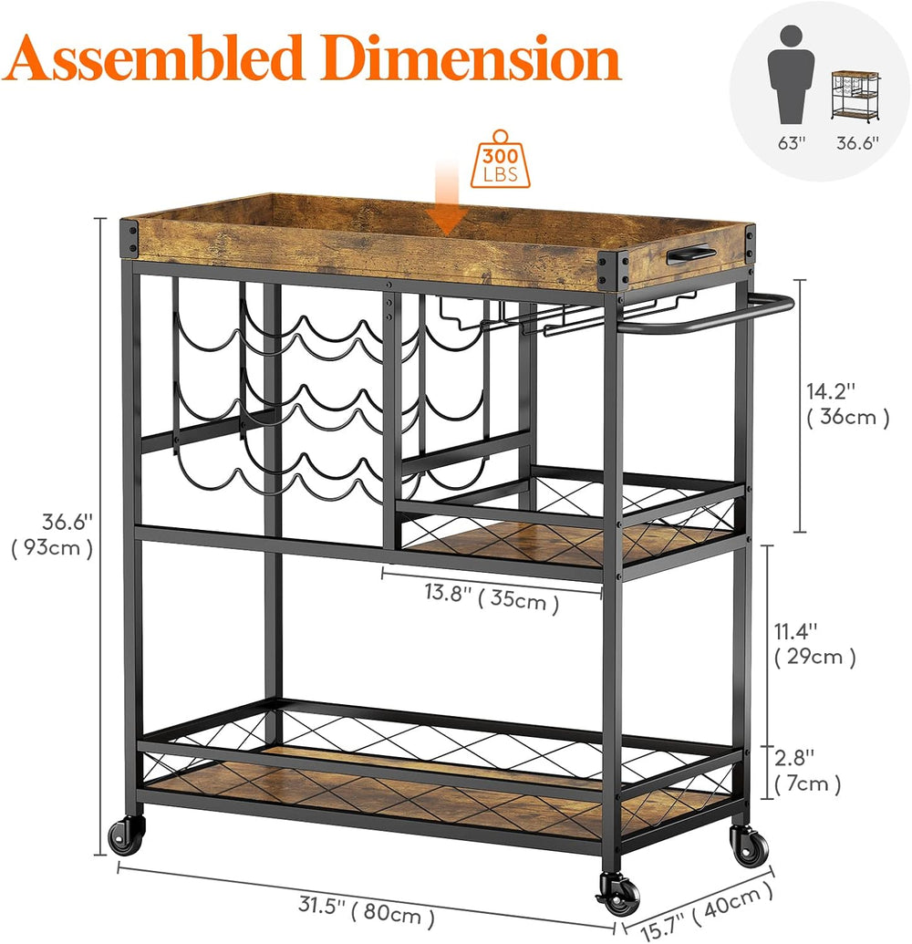 Lifewit 3 Tier Bar Cart with 12 Wine Racks, Serving Trolley, Rustic Brown