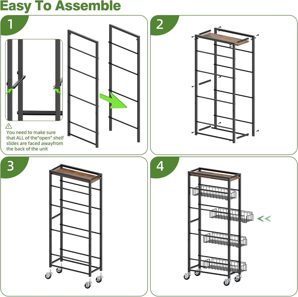 5-Tier Slim Rolling Cart Kitchen Utility Cart, Narrow Kitchen Cabinet with 4 ...