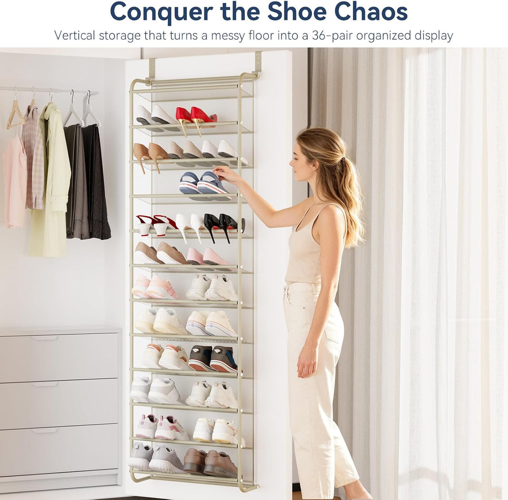 Whitmor 36 Pair Over the Door Shoe Rack,12 Tier Hanging Shoe Organizer with M...