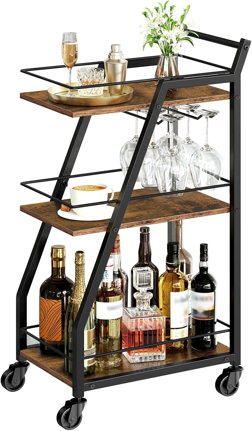 YATINEY Bar Cart, 3-Tier Home Bar Serving Cart with Wheels, Drink Cart with G...