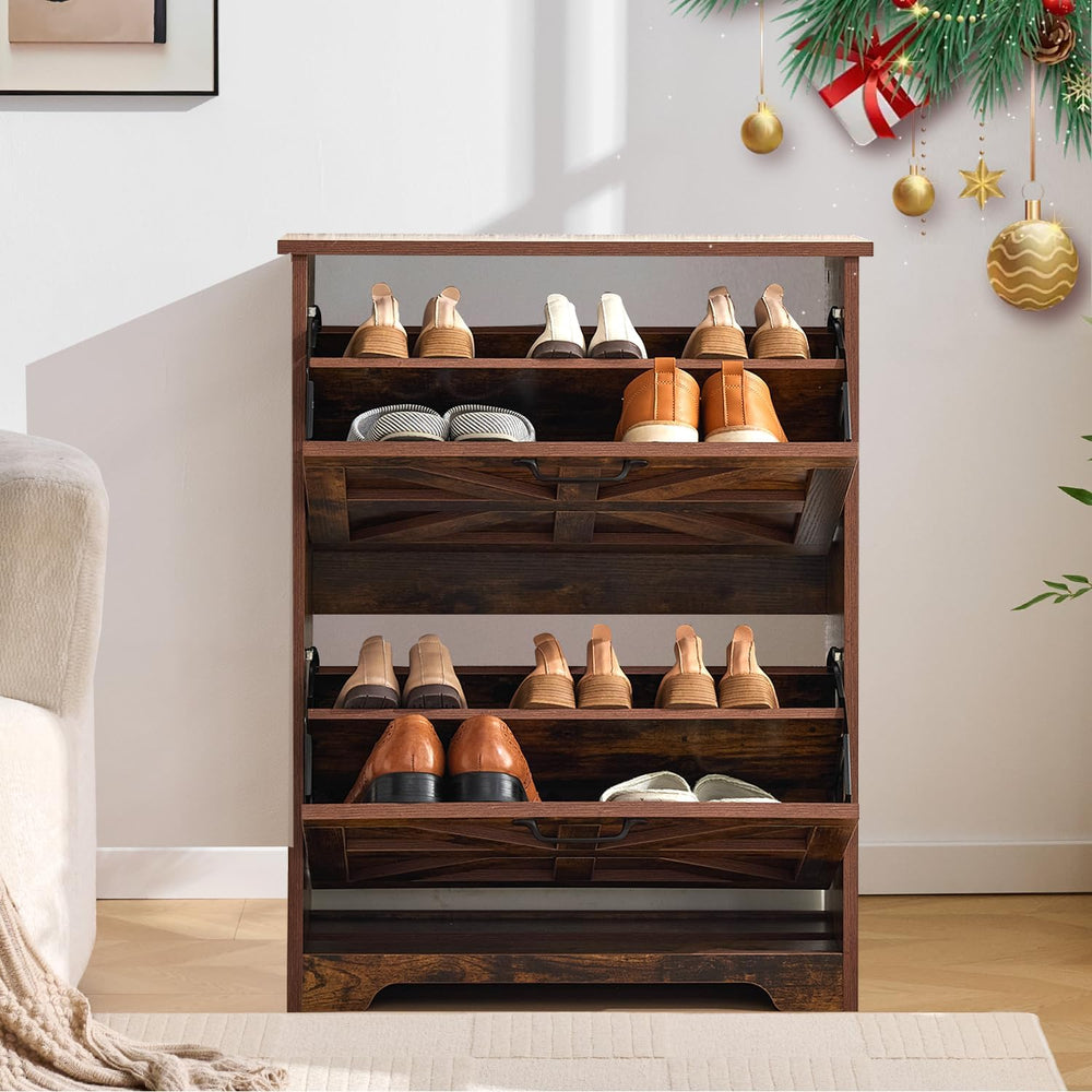 Farmhouse Narrow Shoe Storage Cabinet Set of 2, Space-Saving Freestanding Sho...
