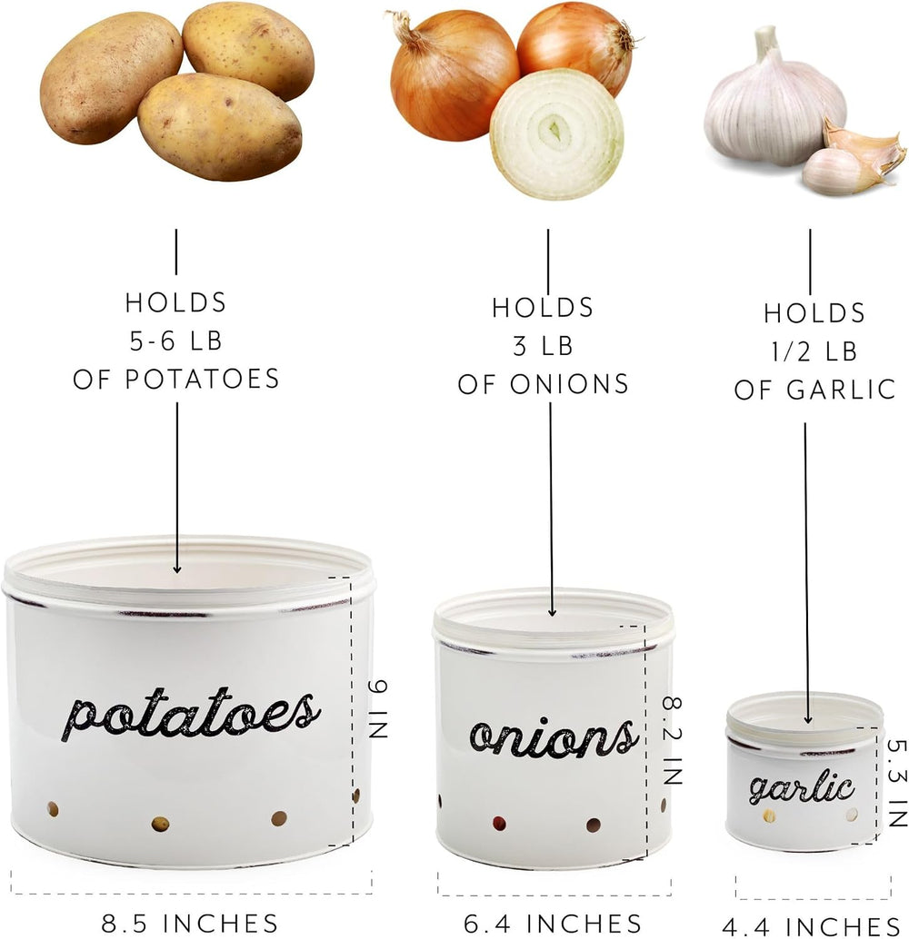 AuldHome Design Potatoes, Onions and Garlic Canister Set; Rustic White Enamel...