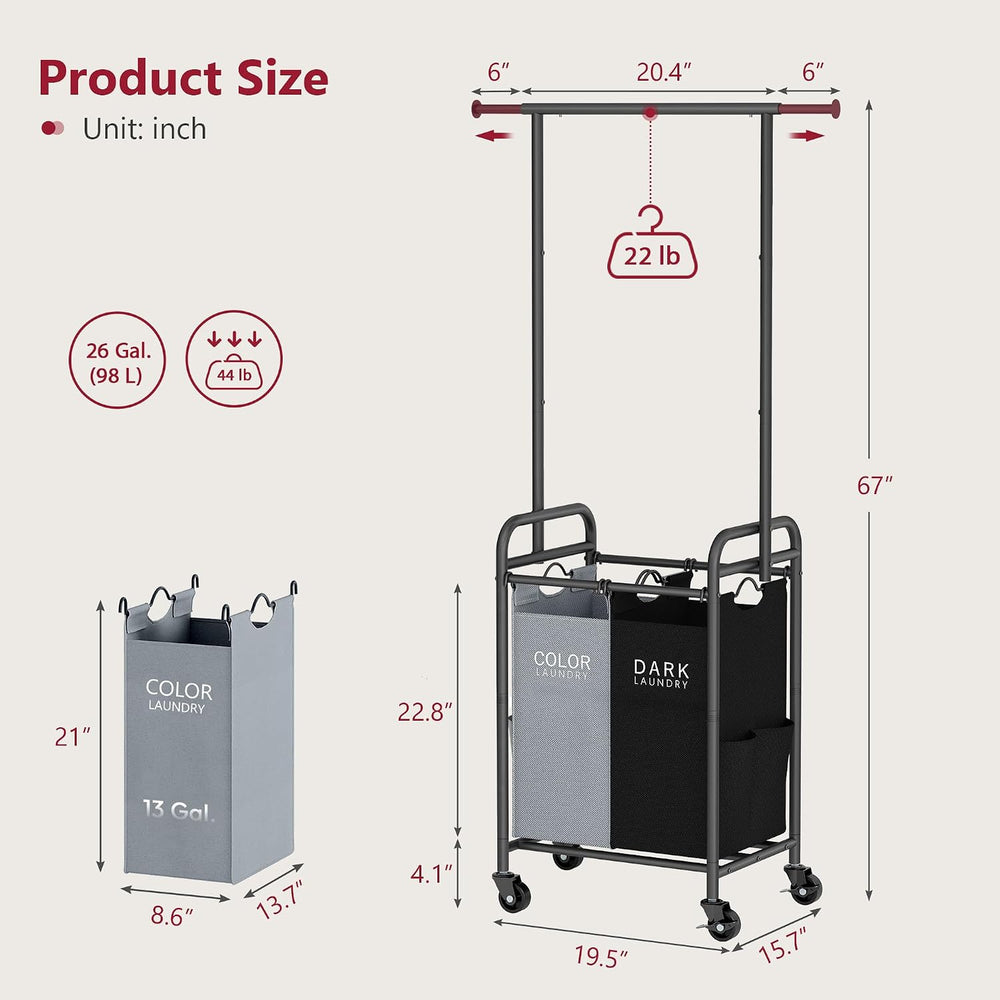Tajsoon Laundry Sorter with Hanging Bar, 2 Bag laundry cart, Black & Gray