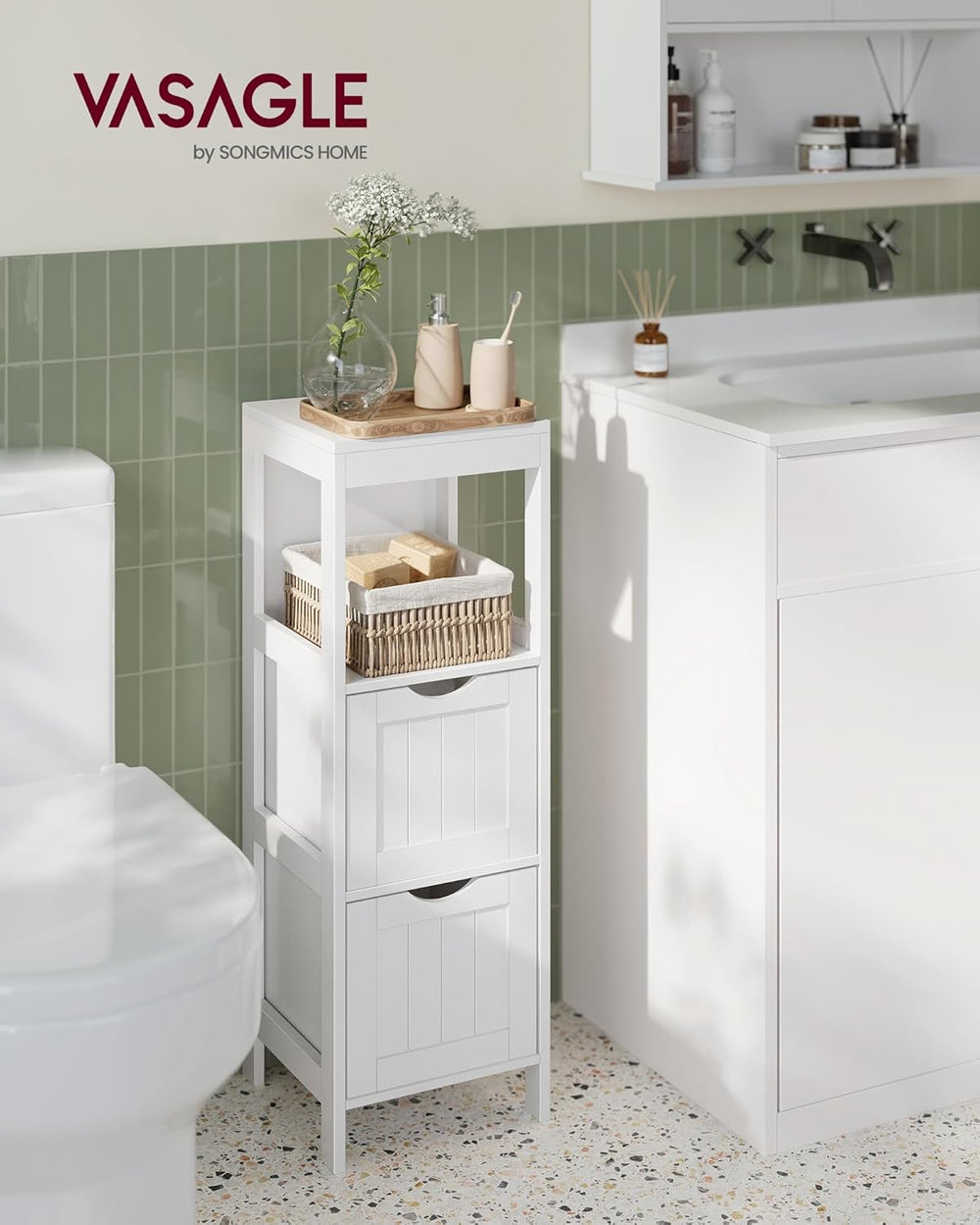 VASAGLE Bathroom Floor Cabinet, 2 Drawers, 35" H, Cloud White