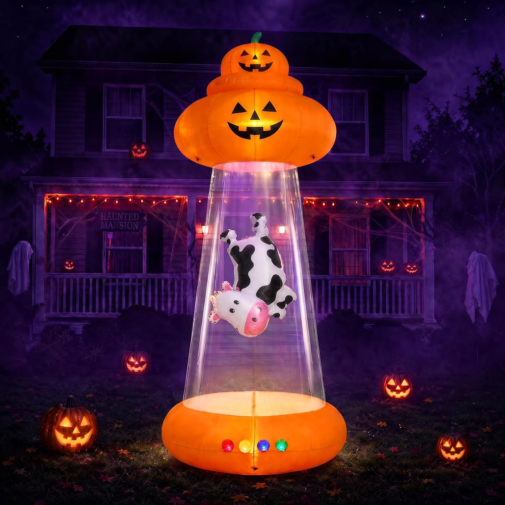 9 FT Halloween Inflatable Pumpkin, UFO Unique Alien Cow Abduction Design