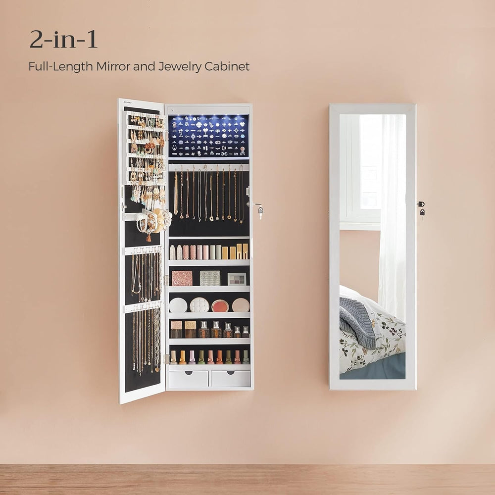 SONGMICS 6 LEDs Mirror Jewelry Cabinet, 47.2-Inch Tall Lockable Wall or Door ...