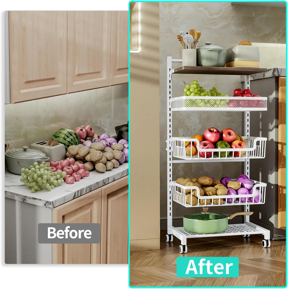 HapiRm Fruit Basket Kitchen Cart - 5 Tier Adjustable Vegetable Storage Rack, ...