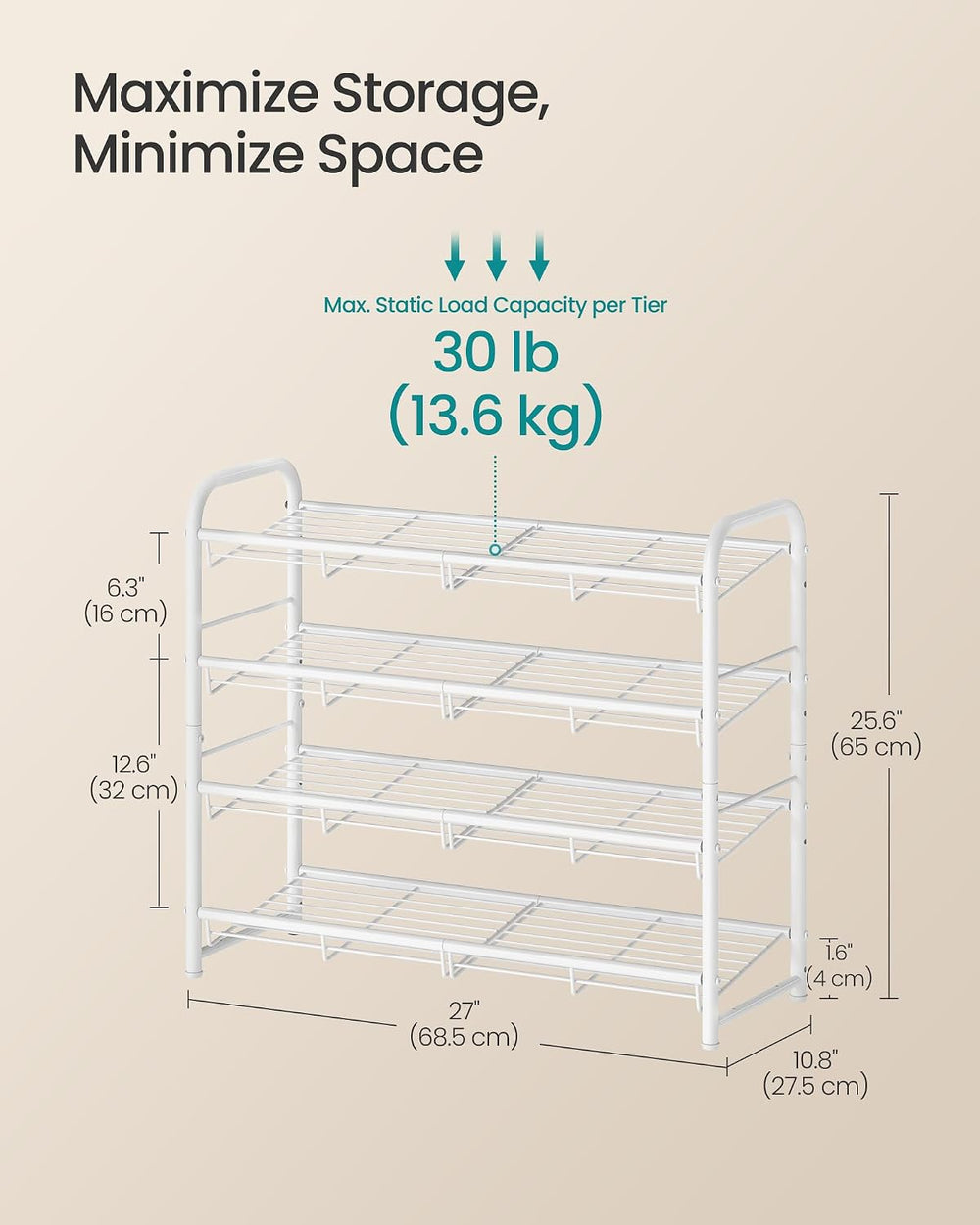 SONGMICS 4-Tier Stackable Metal Shoe Rack, Holds Up to 16 Pairs of Shoes