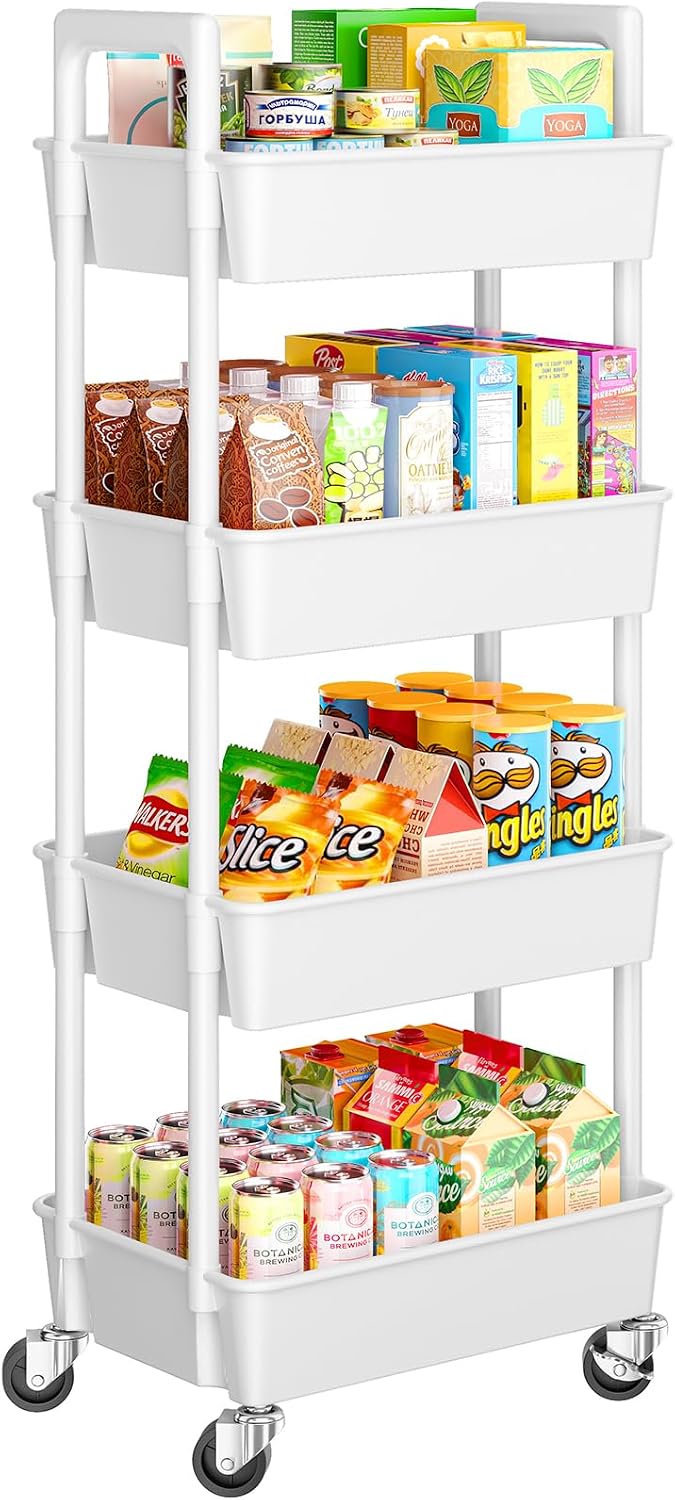 Pipishell 4 Tier Rolling Cart with Handle & Wheels for Storage, White