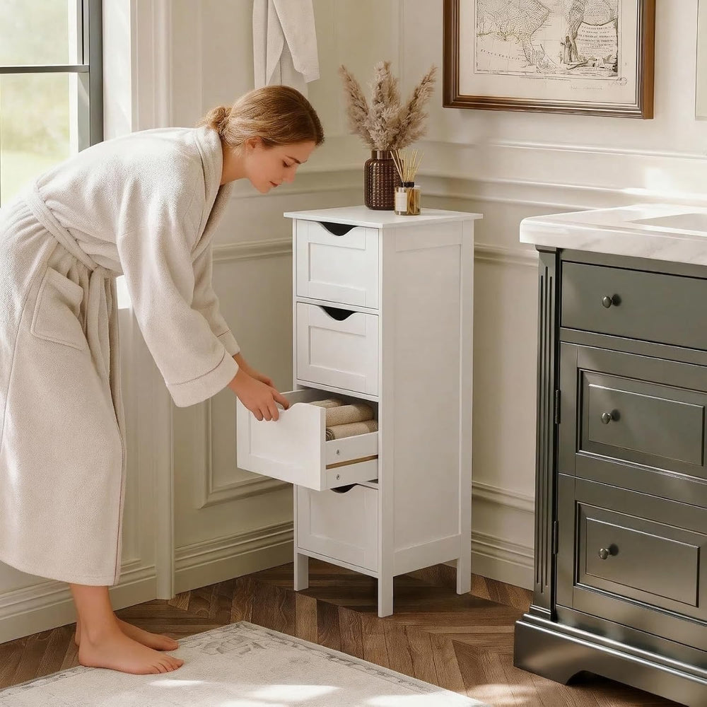 VINGLI White Bathroom Storage Cabinet with 4 Drawers Wooden Freestanding Slim...